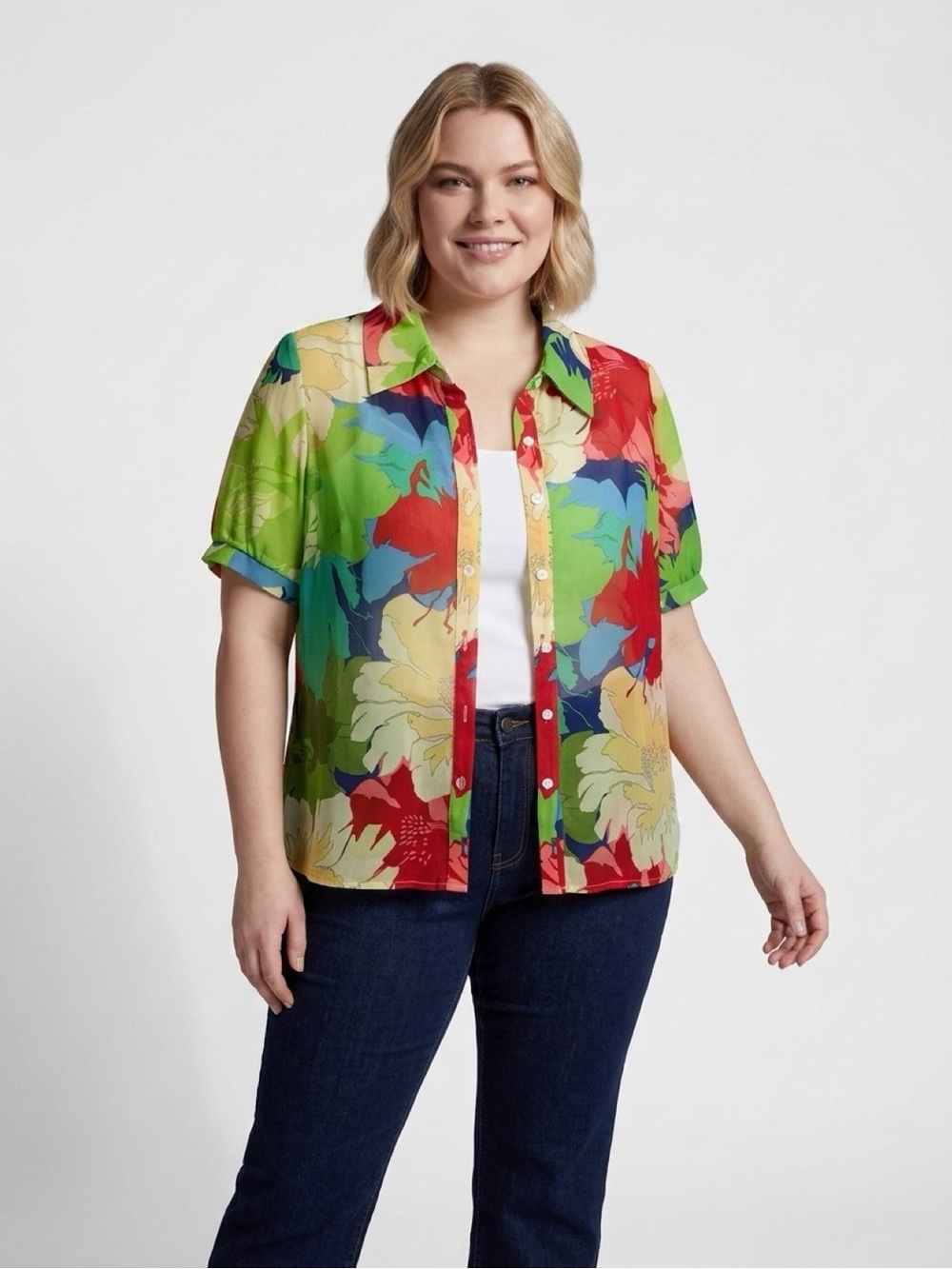 SHEIN Multi-Color Floral Short Sleeve Button-Down Shirt